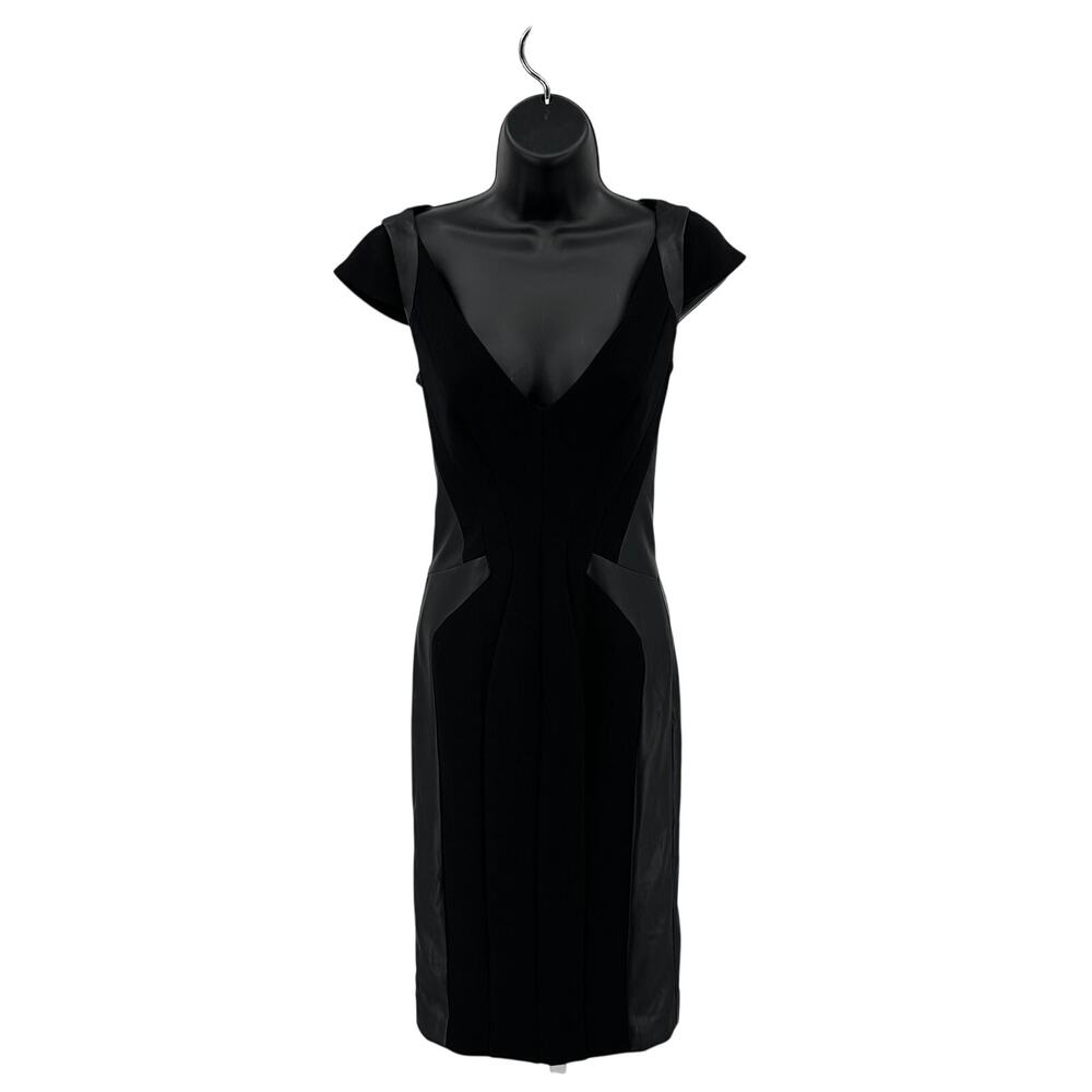 Marciano by Guess Bodycon Midi Dress WMNS 0 Black V-neck Panel Detail Cap Sleeve